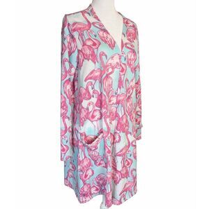 Lularoe Sarah mint & pink Flamingo duster sweater open cardigan womens L